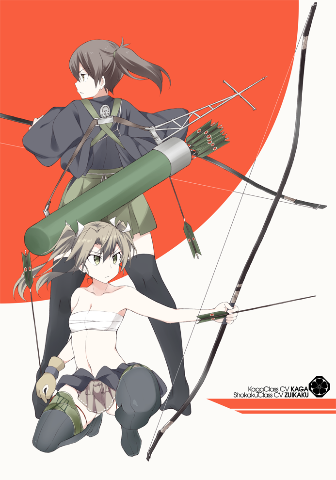 arrow bare_shoulders black_legwear bow_(weapon) breasts brown_eyes brown_hair brown_skirt character_name cleavage collarbone full_body gloves green_eyes green_hair green_skirt holding holding_arrow holding_bow_(weapon) holding_weapon japanese_clothes kaga_(kantai_collection) kantai_collection kneeling long_hair multiple_girls no_shoes partly_fingerless_gloves pleated_skirt quiver sarashi side_ponytail skirt small_breasts souji thighhighs twintails weapon yugake yumi_(bow) zuikaku_(kantai_collection)