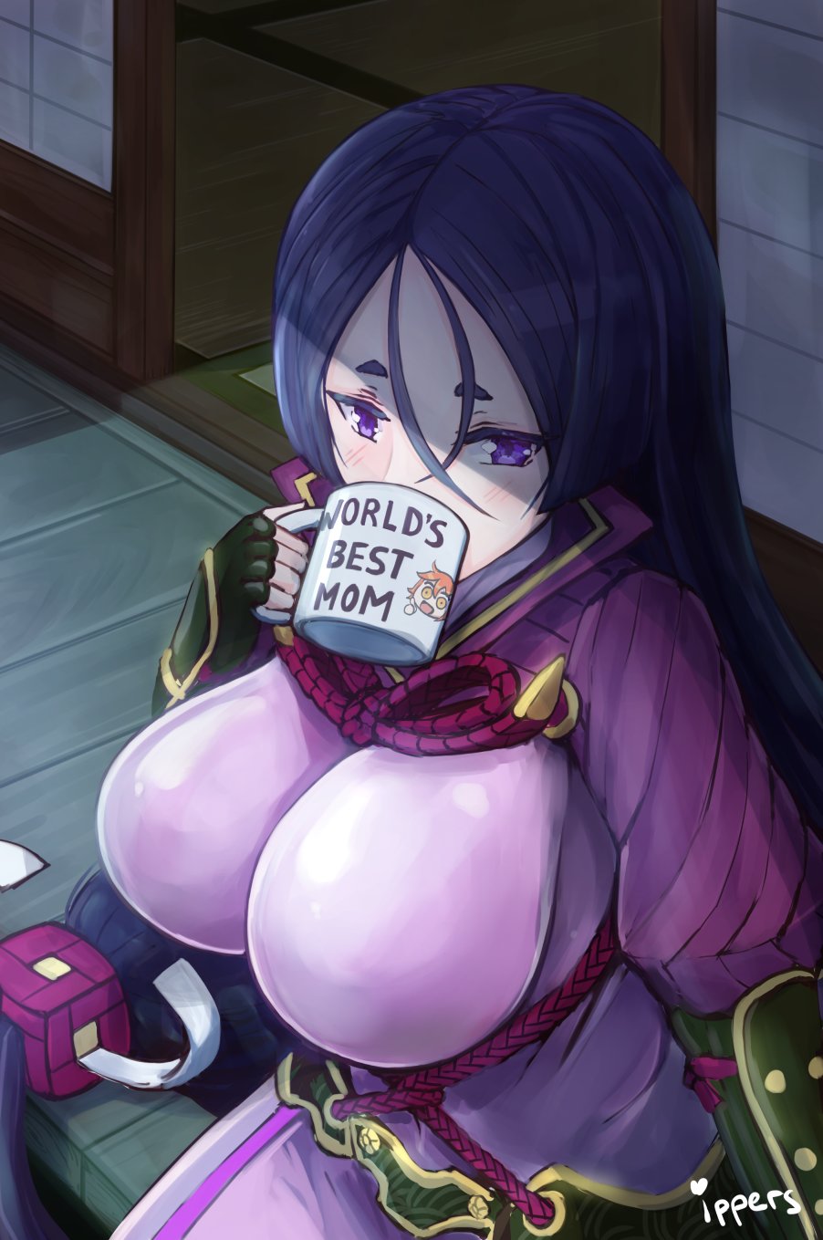 artist_name bangs black_gloves blush bodysuit breasts cameo coffee_mug commentary commission covered_navel cup curvy dark door english english_commentary fate/grand_order fate_(series) fingerless_gloves fujimaru_ritsuka_(female) gloves gold_trim hair_strand highres holding holding_cup huge_breasts ippers loincloth long_hair low-tied_long_hair minamoto_no_raikou_(fate/grand_order) motherly mug mug_writing outdoors parted_bangs purple_bodysuit purple_eyes purple_hair ribbed_sleeves riyo_(lyomsnpmp)_(style) rope short_eyebrows sitting solo tabard thick_eyebrows very_long_hair