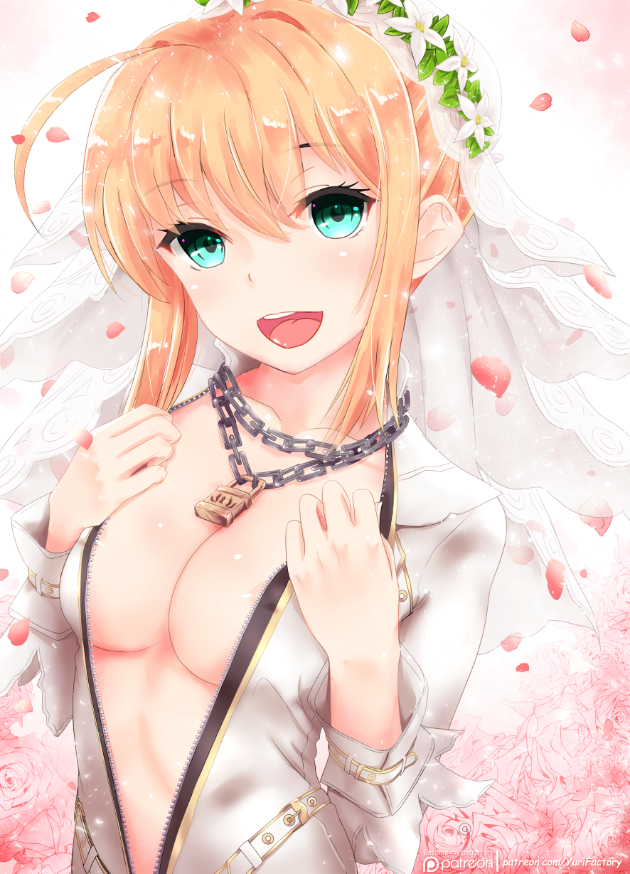 :d ahoge aqua_eyes areola_slip areolae bangs belt bilibala blonde_hair blush bodysuit breasts bridal_veil center_opening chain collarbone covered_nipples eyebrows_visible_through_hair falling_petals fate/extra fate/extra_ccc fate_(series) flower flower_wreath hair_between_eyes hair_intakes hands_on_own_chest happy head_wreath highres leaf light_particles lock looking_at_viewer medium_breasts nero_claudius_(bride)_(fate) nero_claudius_(fate)_(all) no_bra open_clothes open_mouth padlock patreon_logo patreon_username petals pink_flower pink_rose rose rose_petals see-through shiny shiny_hair sidelocks smile solo standing stomach tied_hair tongue unzipped upper_body upper_teeth veil white_background white_bodysuit white_flower wrist_cuffs wrist_straps