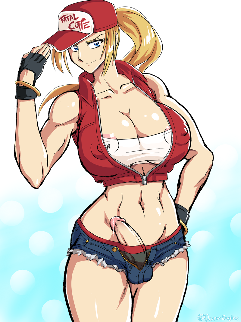 1girl abs areolae balls bare_legs bare_shoulders baseball_cap black_gloves blonde_hair blue_eyes bracelet breasts cap cleavage crop_top darm_engine denim denim_shorts erect_nipples erection erection_under_clothes fatal_fury fingerless_gloves futanari genderswap genderswap_(mtf) glans gloves hat hips huge_breasts jewelry large_penis long_hair midriff muscle nail_polish newhalf nipples penis pink_nails ponytail precum shirt short_shorts shorts smile smirk snk_heroines:_tag_team_frenzy solo standing taut_clothes taut_shirt terry_bogard thick_thighs thighs twitter_username underwear unzipped vest