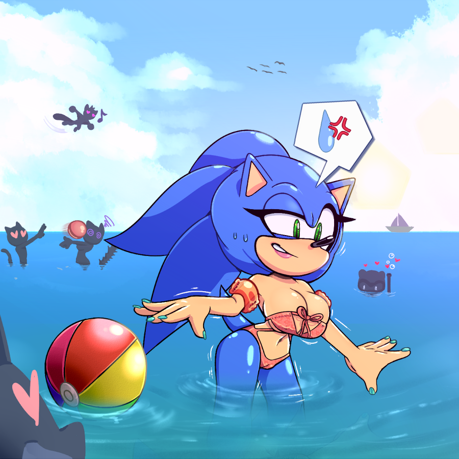 &lt;3 &lt;3_eyes 2018 5_fingers anthro ball beach_ball big_breasts bikini black_nose breasts cleavage clothed clothing cloud crossgender cuisine female green_eyes group hedgehog mammal navel outside partially_submerged sky sonic_(series) sonic_the_hedgehog speech_bubble standing swimsuit thin_waist water