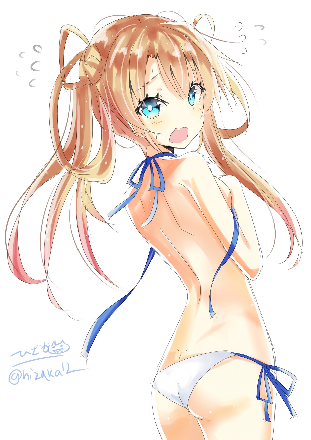 abukuma_(kantai_collection) ass bikini blonde_hair blue_eyes blush breasts butt_crack commentary_request double_bun eyebrows_visible_through_hair flying_sweatdrops hair_between_eyes hair_rings highres hizaka kantai_collection long_hair open_mouth shoulder_blades side-tie_bikini simple_background small_breasts solo swimsuit twintails twitter_username untied_bikini_top wardrobe_malfunction white_background white_bikini