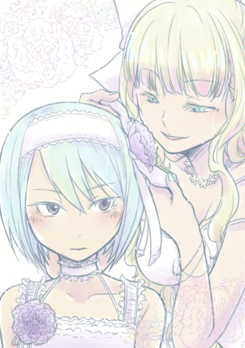 alternate_costume berka_(fire_emblem_if) blue_hair blush brooch charlotte_(fire_emblem_if) choker commentary_request dress fire_emblem fire_emblem_if frilled_dress frills headband jewelry lace lace-trimmed_choker lace-trimmed_dress lace_trim long_hair multiple_girls short_hair white_dress yusura_(murasaki-yusura)