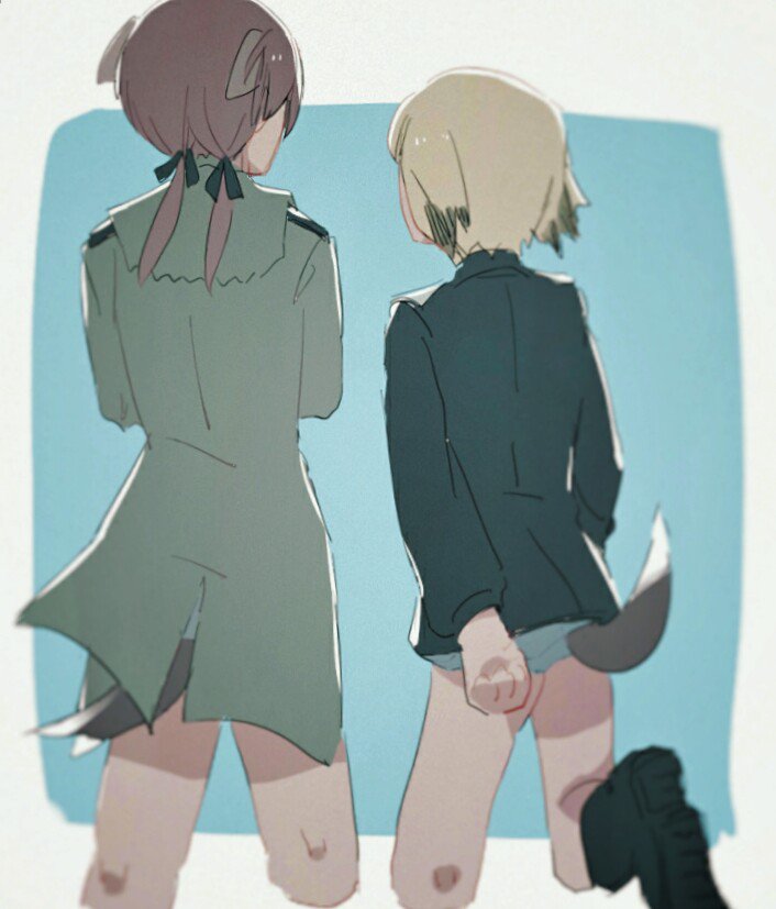 animal_ears arm_behind_back blonde_hair blue_background boots border brown_hair commentary_request cropped_legs crossed_arms dog_ears dog_tail erica_hartmann facing_away from_behind gertrud_barkhorn multiple_girls outside_border shiraba_(sonomama_futene) sketch standing strike_witches tail uniform white_border world_witches_series