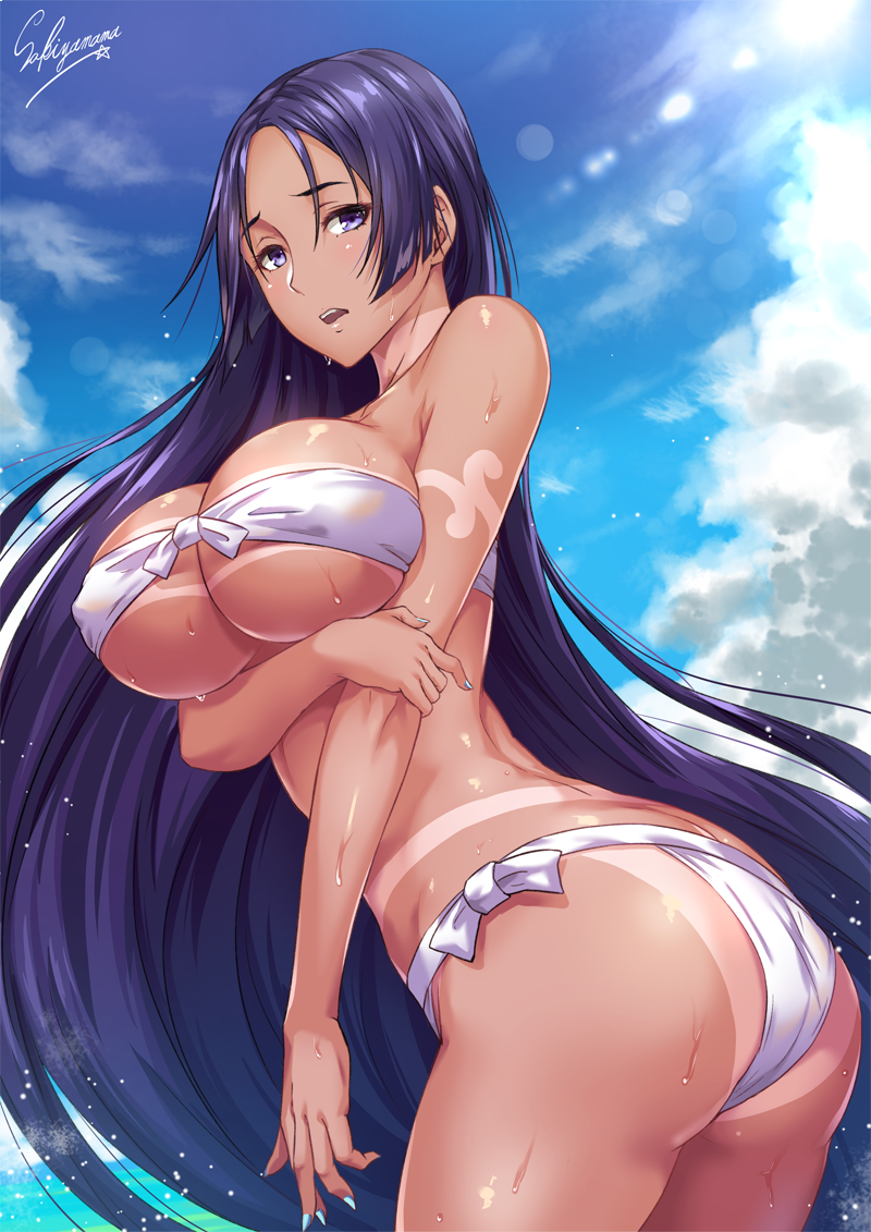 arm_under_breasts artist_name ass back bangs bare_shoulders bikini blue_nails blue_sky blush breast_hold breasts cloud collarbone commentary_request covered_nipples day embarrassed fate/grand_order fate_(series) hips large_breasts long_hair looking_at_viewer looking_to_the_side minamoto_no_raikou_(fate/grand_order) minamoto_no_raikou_(swimsuit_lancer)_(fate) nail_polish open_mouth outdoors parted_bangs purple_eyes purple_hair sakiyamama side-tie_bikini signature sky smile solo standing swimsuit tan tanline thighs very_long_hair wet white_bikini