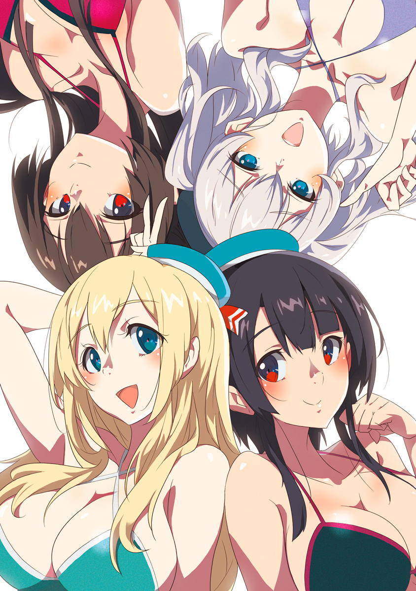 atago_(kantai_collection) bangs beret black_hair blonde_hair blue_eyes blush breasts brown_eyes brown_hair cleavage closed_mouth collarbone eyebrows_visible_through_hair flower green_eyes hair_flower hair_ornament hand_behind_head hand_up hat highres kantai_collection kashima_(kantai_collection) large_breasts long_hair looking_at_viewer meriken0111 multiple_girls open_mouth ponytail red_eyes short_hair sidelocks silver_hair simple_background smile swimsuit takao_(kantai_collection) twintails v very_long_hair wavy_hair white_background yamato_(kantai_collection)