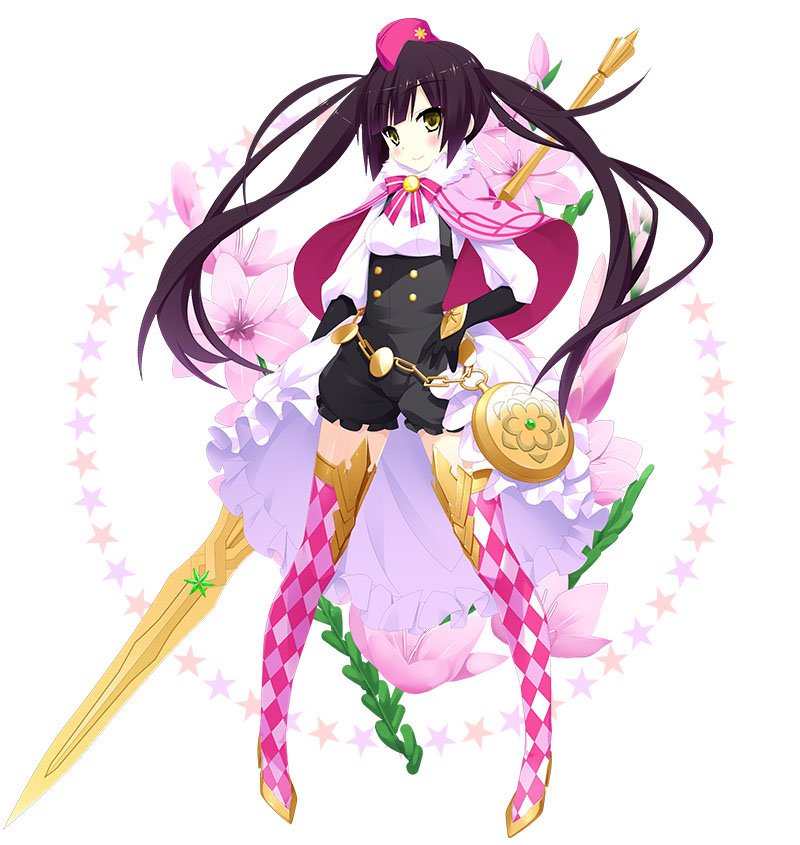 argyle argyle_legwear black_gloves black_hair boots closed_mouth commentary_request flower flower_knight_girl full_body gloves hat holding holding_spear holding_weapon ixia_(flower_knight_girl) kannagi_rei legs_apart long_hair looking_at_viewer object_namesake official_art overalls pink_capelet pink_footwear pink_hat polearm simple_background smile solo spear standing star thigh_boots thighhighs twintails weapon white_background yellow_eyes