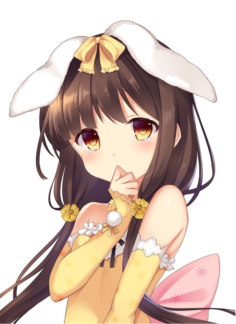 aimu_(ai_mu3) animal_ears back_bow bare_shoulders bow brown_hair bunny_ears covering_mouth flower_knight_girl hair_bow helenium_(flower_knight_girl) long_hair pink_bow shy simple_background solo tears upper_body white_background yellow_bow yellow_eyes