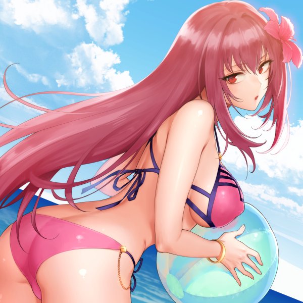 ass back bangs bare_shoulders beach bikini blue_sky bracelet breasts commentary_request day fate/grand_order fate_(series) flower hair_between_eyes hair_flower hair_intakes hair_ornament hibiscus jewelry large_breasts long_hair looking_at_viewer looking_back open_mouth pink_bikini purple_hair red_eyes scathach_(fate)_(all) scathach_(swimsuit_assassin)_(fate) shoukaki_(earthean) sky solo swimsuit