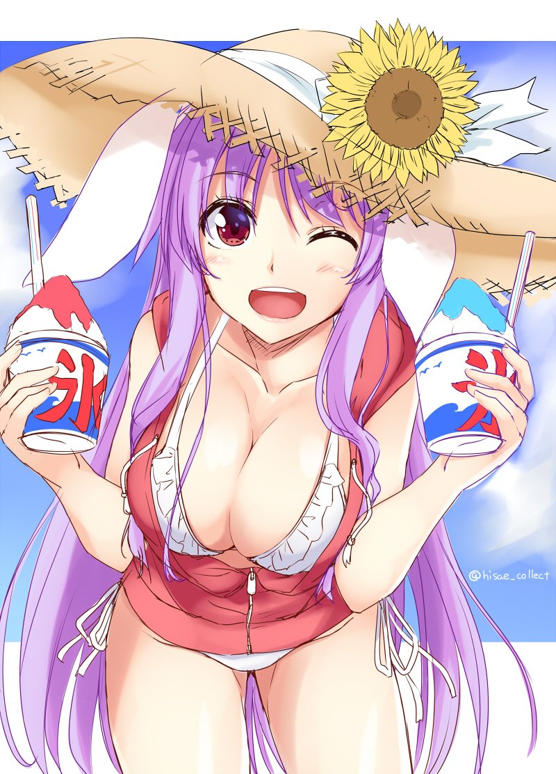 ;d animal_ears artist_name bangs bare_arms bare_shoulders bikini blush breasts brown_hat bunny_ears collarbone commentary_request cowboy_shot eyebrows_visible_through_hair eyebrows_visible_through_hat flower food frilled_bikini frills halterneck hands_up hat hat_flower hat_ribbon holding holding_food hood hooded_jacket jacket kooribata kue large_breasts leaning_forward long_hair looking_at_viewer one_eye_closed open_mouth purple_hair red_eyes red_jacket reisen_udongein_inaba ribbon shaved_ice shiny shiny_skin side-tie_bikini sidelocks sketch sleeveless_jacket smile solo standing sun_hat sunflower swimsuit thighs touhou twitter_username very_long_hair white_bikini white_ribbon zipper