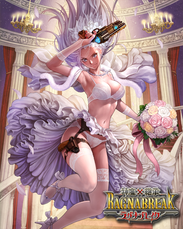 arm_warmers bouquet bra breasts chandelier column copyright_name feather_boa feet_out_of_frame flower gun hand_up holding holding_bouquet holding_gun holding_weapon holster indoors long_hair looking_at_viewer md5_mismatch medium_breasts midair nail_polish navel official_art panties pillar red_nails shinma_x_keishou!_ragnabreak silver_eyes silver_hair solo suetomi_masanao thighhighs underwear veil watermark weapon white_bra white_footwear white_legwear white_panties