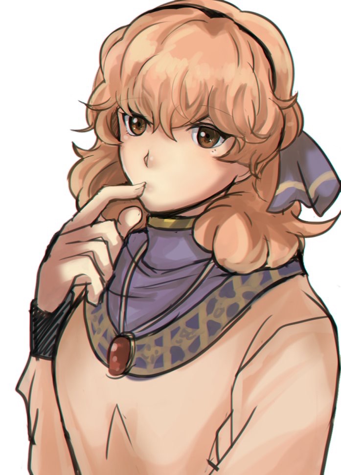 bad_id bad_tumblr_id brown_eyes brown_hair curly_hair finger_in_mouth fire_emblem fire_emblem_echoes:_mou_hitori_no_eiyuuou jenny_(fire_emblem) jewelry looking_at_viewer necklace rem_sora410 simple_background solo