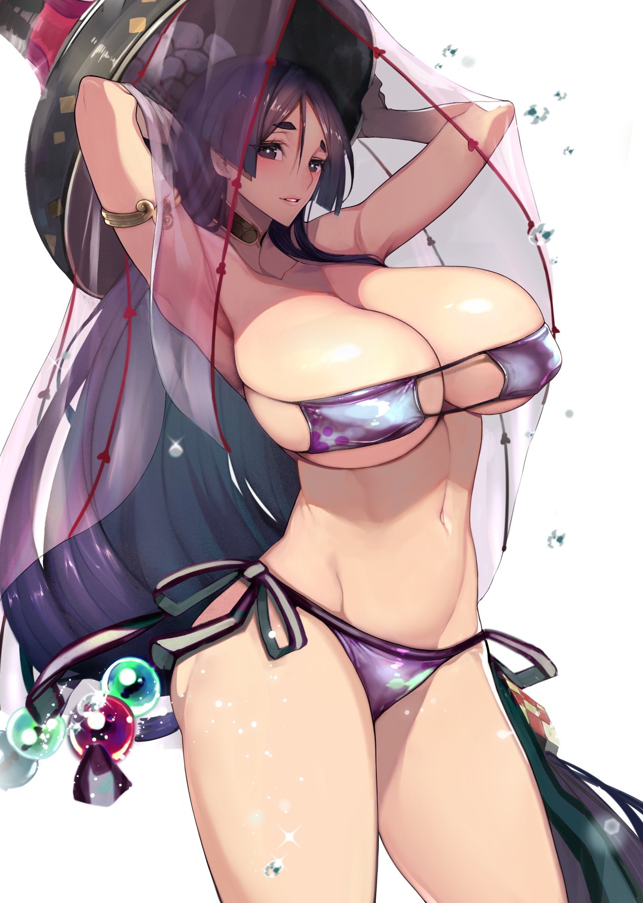 arm_behind_head armlet armpits arms_up bangs bare_shoulders beads bikini blush breasts choker cleavage collarbone commentary_request cowboy_shot curvy eyepatch_bikini fate/grand_order fate_(series) gold_trim highres hips huge_breasts ichimegasa kamaboko_(ossann0125) long_hair looking_at_viewer low-tied_long_hair minamoto_no_raikou_(fate/grand_order) minamoto_no_raikou_(swimsuit_lancer)_(fate) navel parted_bangs parted_lips purple_bikini purple_eyes purple_hair short_eyebrows side-tie_bikini smile solo sparkle swimsuit thick_eyebrows thighs veil very_long_hair white_background