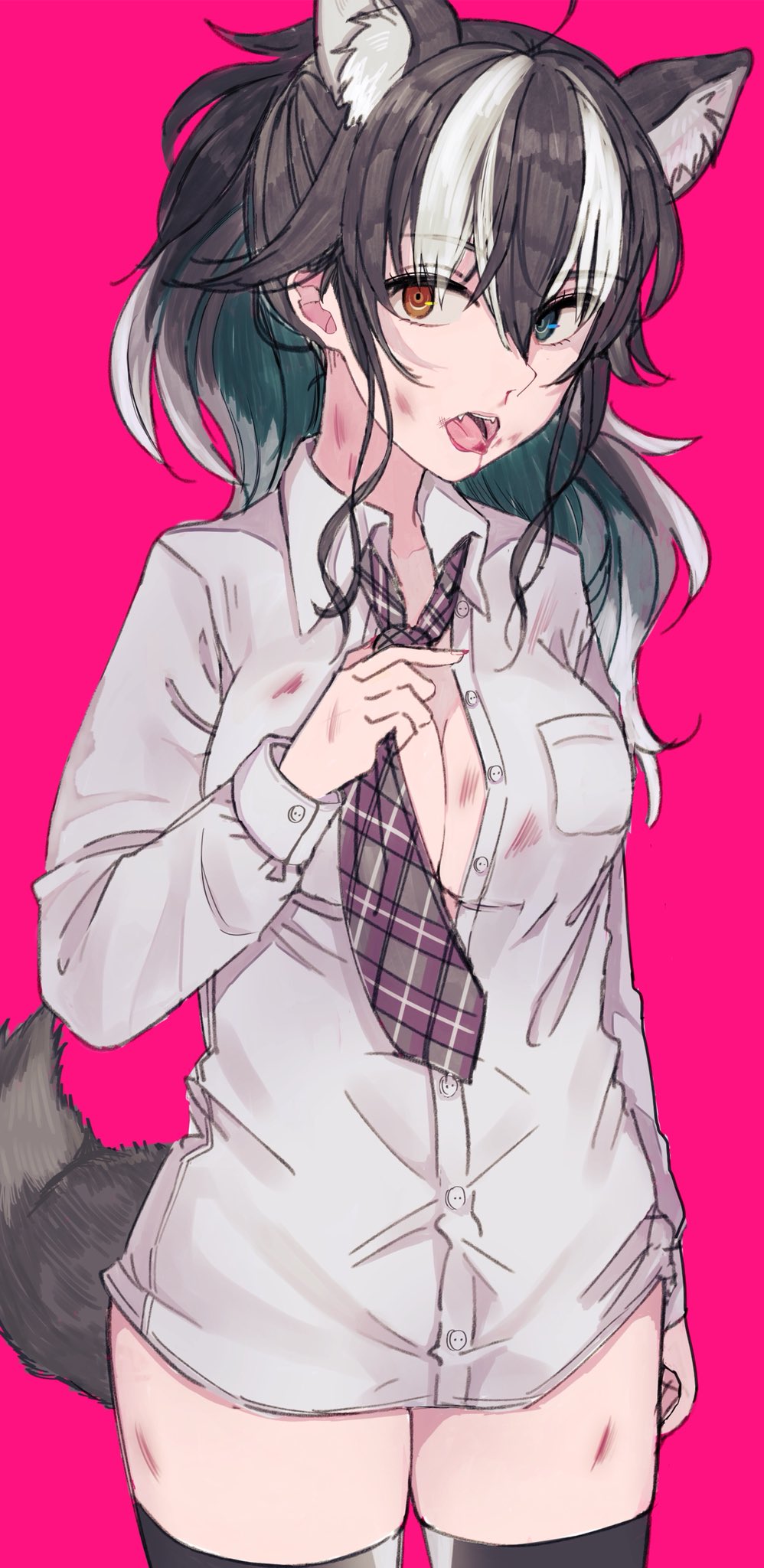 alternate_costume alternate_hairstyle ancolatte_(onikuanco) animal_ear_fluff animal_ears black_hair blood blue_eyes breasts bruise bruise_on_face cleavage collared_shirt commentary cowboy_shot extra_ears eyebrows_visible_through_hair fangs grey_hair grey_wolf_(kemono_friends) heterochromia highres injury kemono_friends long_hair long_sleeves looking_at_viewer loose_necktie magenta_background multicolored_hair necktie no_pants open_mouth plaid_neckwear scratches shirt simple_background solo tail thighhighs white_hair wolf_ears wolf_tail yellow_eyes