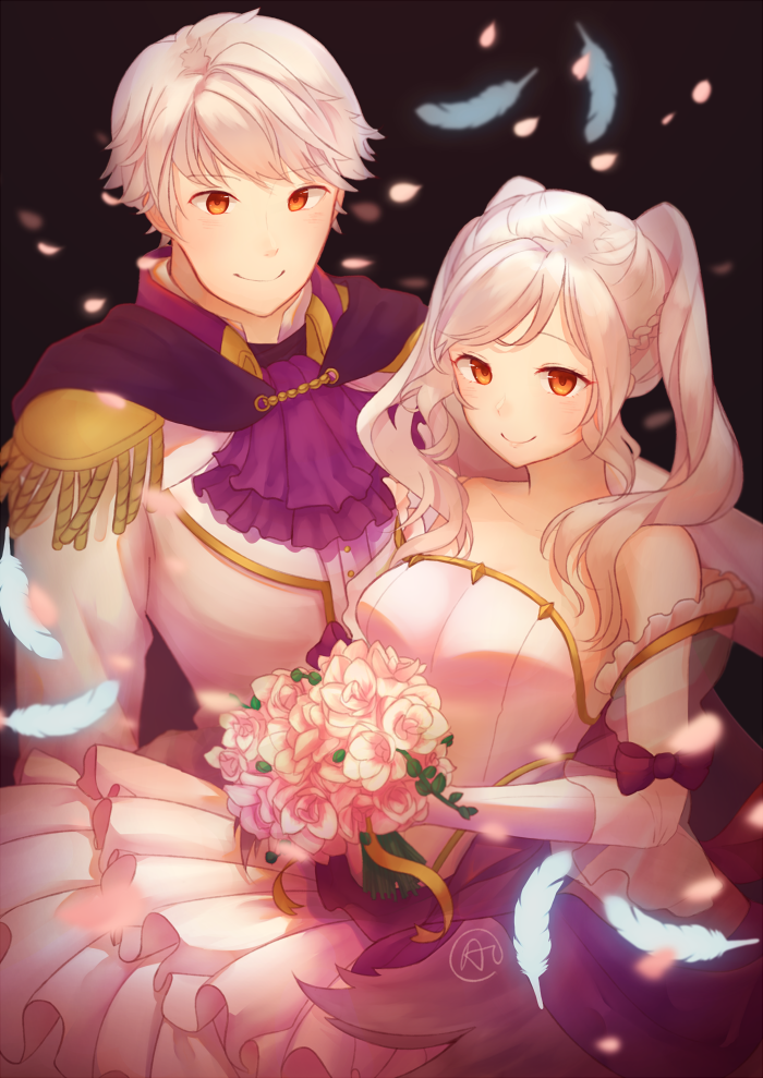 1girl aftergardens black_background bouquet bow bride closed_mouth commentary cravat dress feathers female_my_unit_(fire_emblem:_kakusei) fire_emblem fire_emblem:_kakusei flower formal gloves holding holding_bouquet long_sleeves male_my_unit_(fire_emblem:_kakusei) my_unit_(fire_emblem:_kakusei) petals see-through short_hair simple_background strapless strapless_dress twintails white_dress white_gloves white_hair