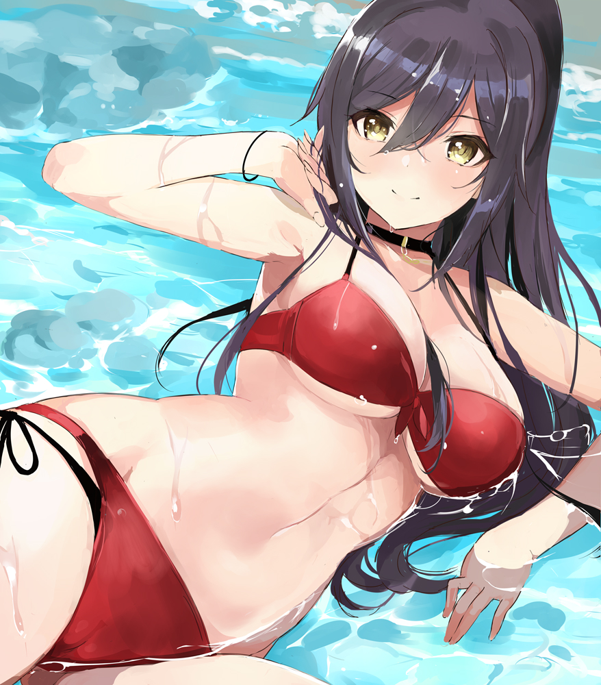 armpits bangs bare_shoulders bikini black_hair breasts choker cleavage closed_mouth collarbone commentary_request hair_between_eyes high_ponytail hips idolmaster idolmaster_shiny_colors large_breasts long_hair looking_at_viewer navel open_mouth ponytail red_bikini shirase_sakuya smile solo swimsuit tetsujin_momoko yellow_eyes