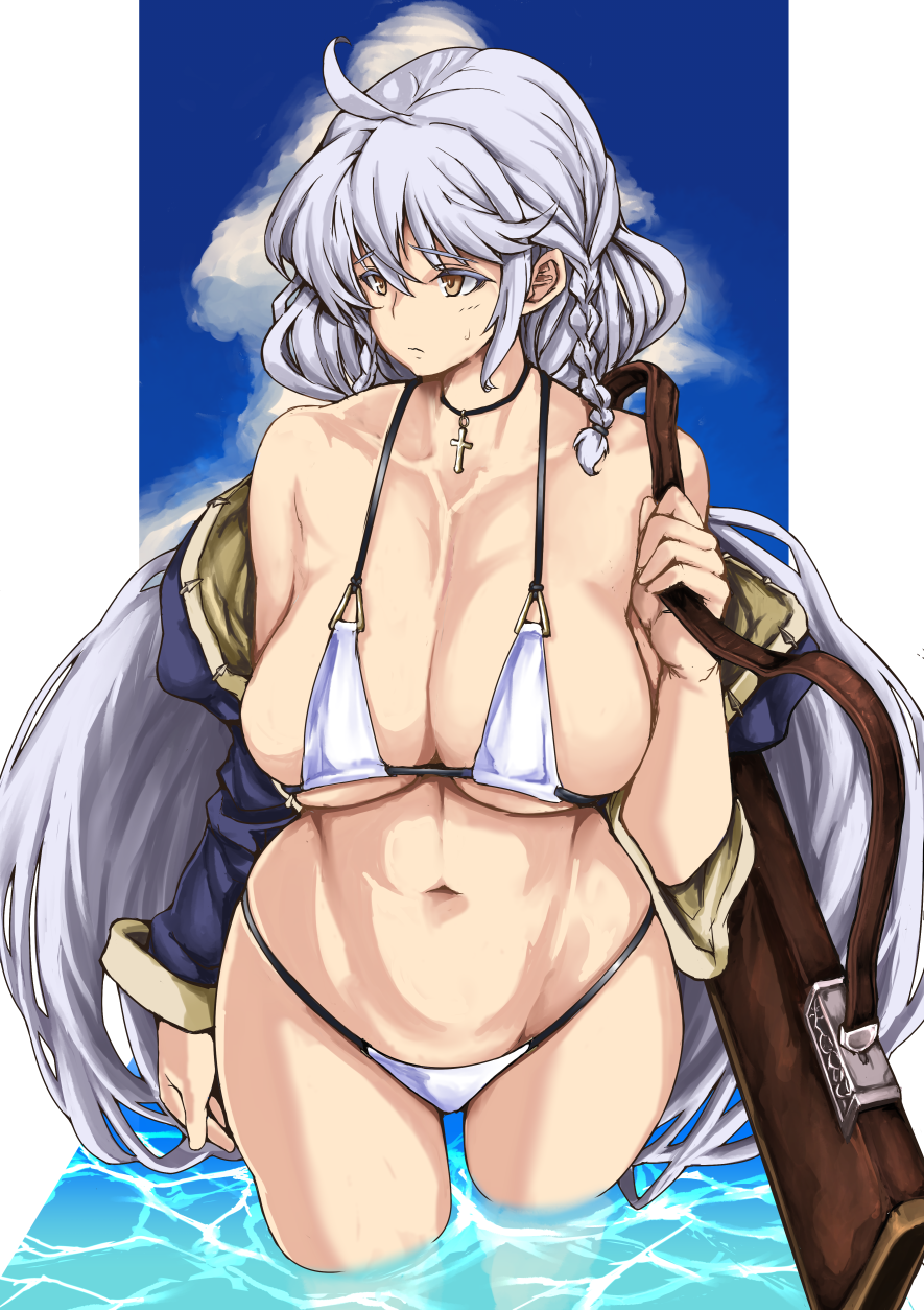 ahoge bikini blue_sky bokuso braid breasts choker cleavage cloud collarbone commentary_request cross cross_necklace curvy day eyebrows_visible_through_hair granblue_fantasy gun hair_between_eyes highres jewelry large_breasts long_hair midriff navel necklace off_shoulder rifle sagging_breasts silva_(granblue_fantasy) silver_hair sky swimsuit twin_braids underboob very_long_hair wading water weapon white_bikini yellow_eyes