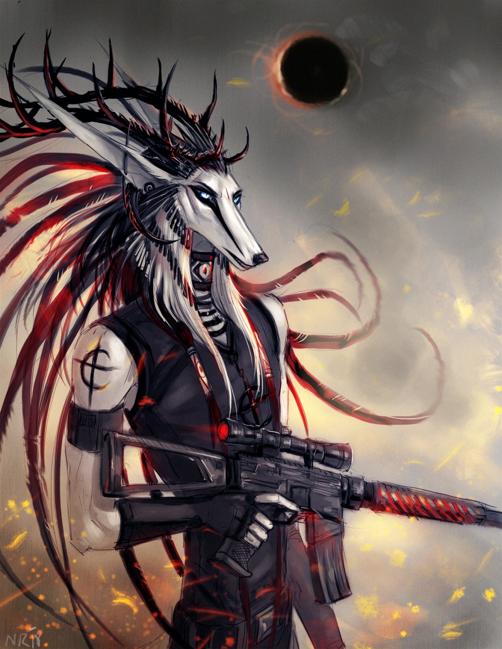 2018 5_fingers anthro black_nose blue_eyes canine clothed clothing digital_media_(artwork) eclipse gun horn male mammal ranged_weapon solar_eclipse solo tatchit weapon