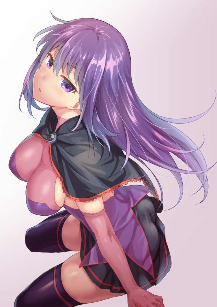 alternate_color alternate_legwear ass bangs black_capelet black_skirt breasts brooch capelet cleavage commentary_request elbow_gloves gloves jewelry large_breasts long_hair looking_at_viewer malariya miniskirt ono_misao pleated_skirt purple_eyes purple_hair purple_legwear quiz_magic_academy shiny shiny_hair sideboob single_horizontal_stripe skirt solo thighhighs