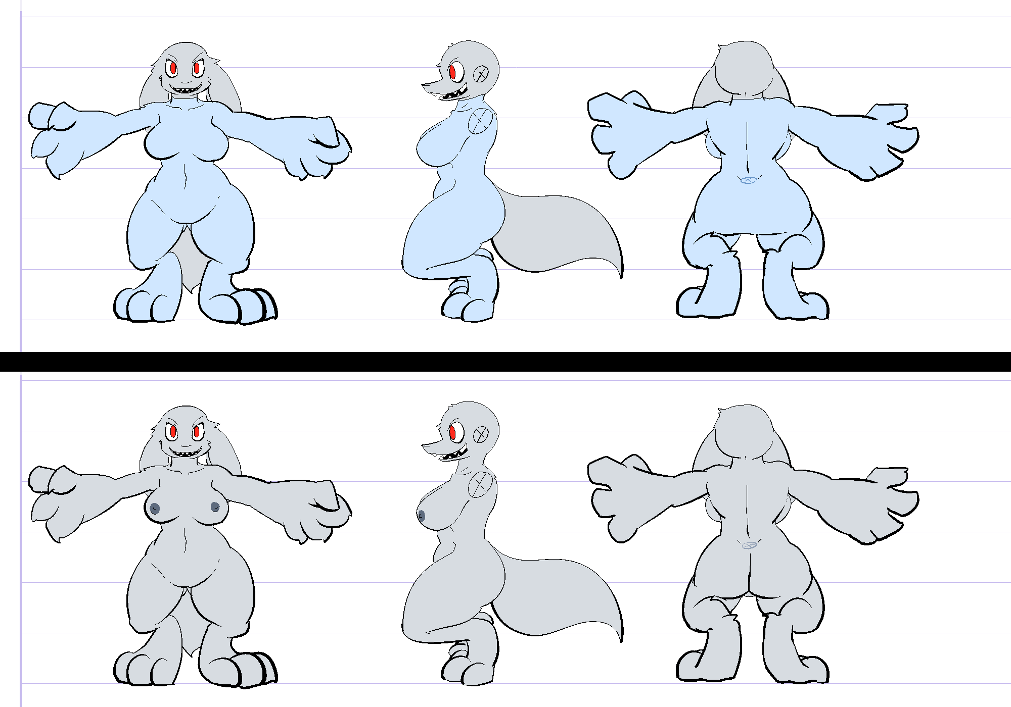 2013 alien areola big_breasts big_butt bodysuit breasts butt canine clothed clothing digital_media_(artwork) digitigrade female fluffy fluffy_tail lagotrope mammal model_sheet neumono nipples nude pussy rokoa skinsuit solo spread_arms standing thick_thighs tight_clothing