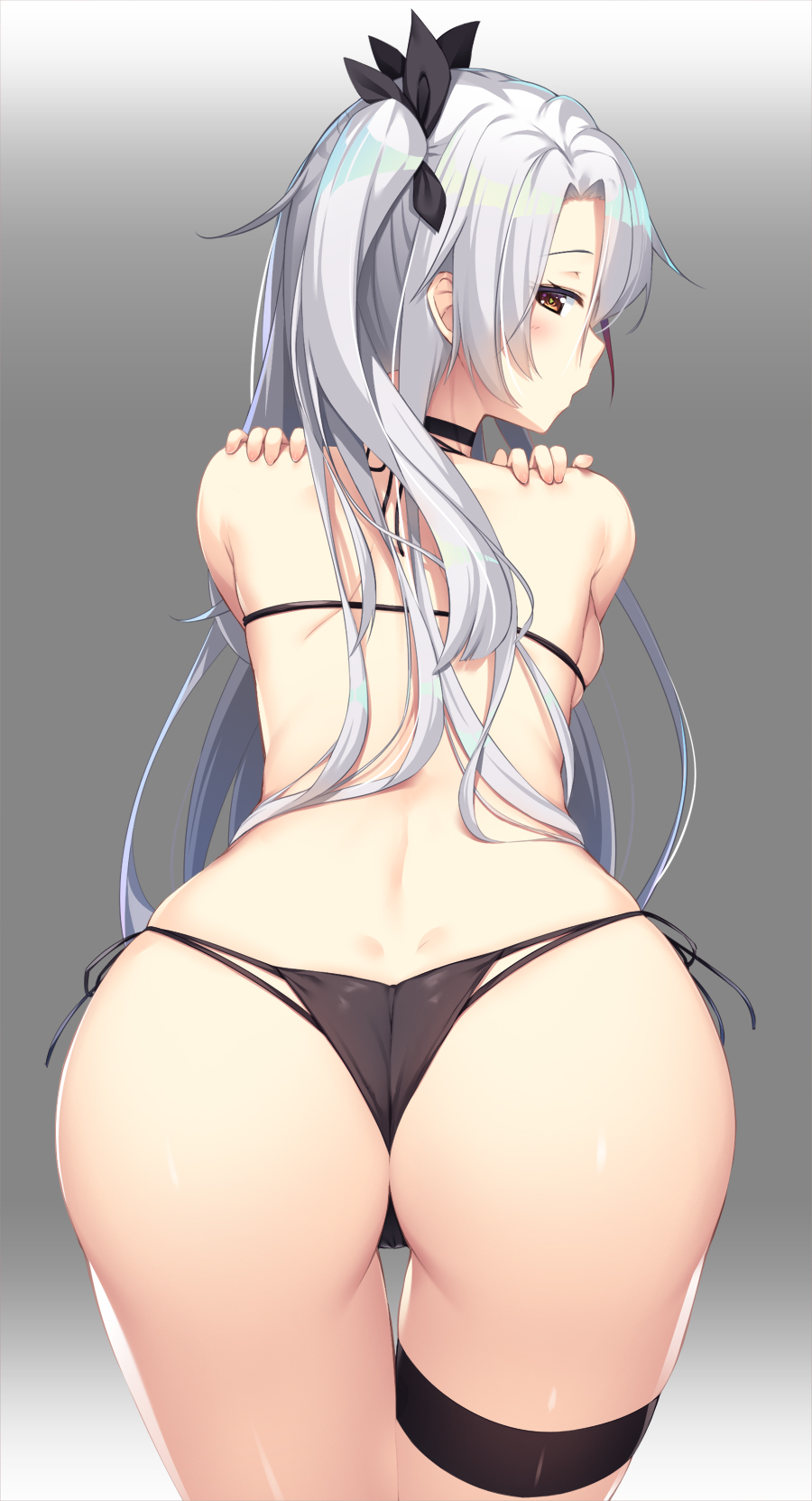 antenna_hair ass azur_lane back bangs bikini black_bikini black_ribbon blush breasts brown_eyes choker commentary dimples_of_venus eyebrows_visible_through_hair from_behind gradient gradient_background hair_between_eyes half-closed_eyes hands_on_own_shoulders highres large_breasts long_hair looking_at_viewer looking_back multi-strapped_bikini multicolored_hair olive_(laai) open_mouth prinz_eugen_(azur_lane) red_hair ribbon shiny shiny_skin shoulder_blades side-tie_bikini silver_hair simple_background skindentation solo streaked_hair swimsuit thigh_strap thighs two_side_up very_long_hair