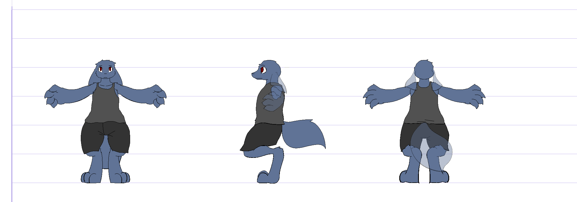 2013 alien canine clothed clothing digital_media_(artwork) digitigrade floppy_ears fluffy fluffy_tail kappi lagotrope male mammal model_sheet neumono shirt shorts simple_background solo spread_arms standing tank_top