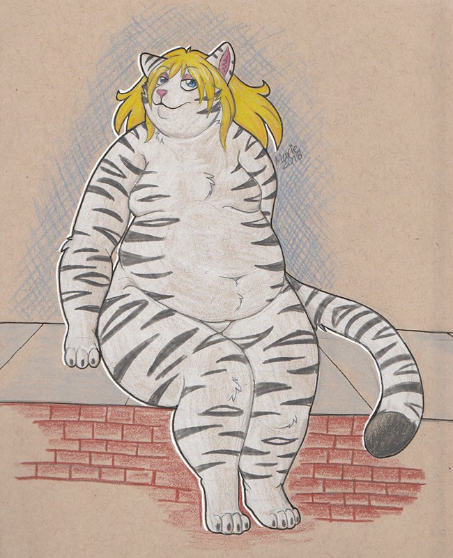 blonde_hair feline girly hair lilbluefoxie mammal nude nyland overweight solo tiger traditional_media_(artwork) white_tiger