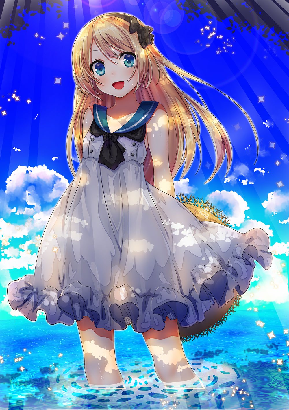 adapted_costume arms_behind_back black_neckwear blonde_hair blue_eyes blue_sky blush cloud cloudy_sky commentary_request day dress hair_between_eyes hat highres jervis_(kantai_collection) kantai_collection long_dress long_hair looking_at_viewer neckerchief ocean open_mouth outdoors sailor_dress sky sleeveless sleeveless_dress smile solo straw_hat suou_sakura wading