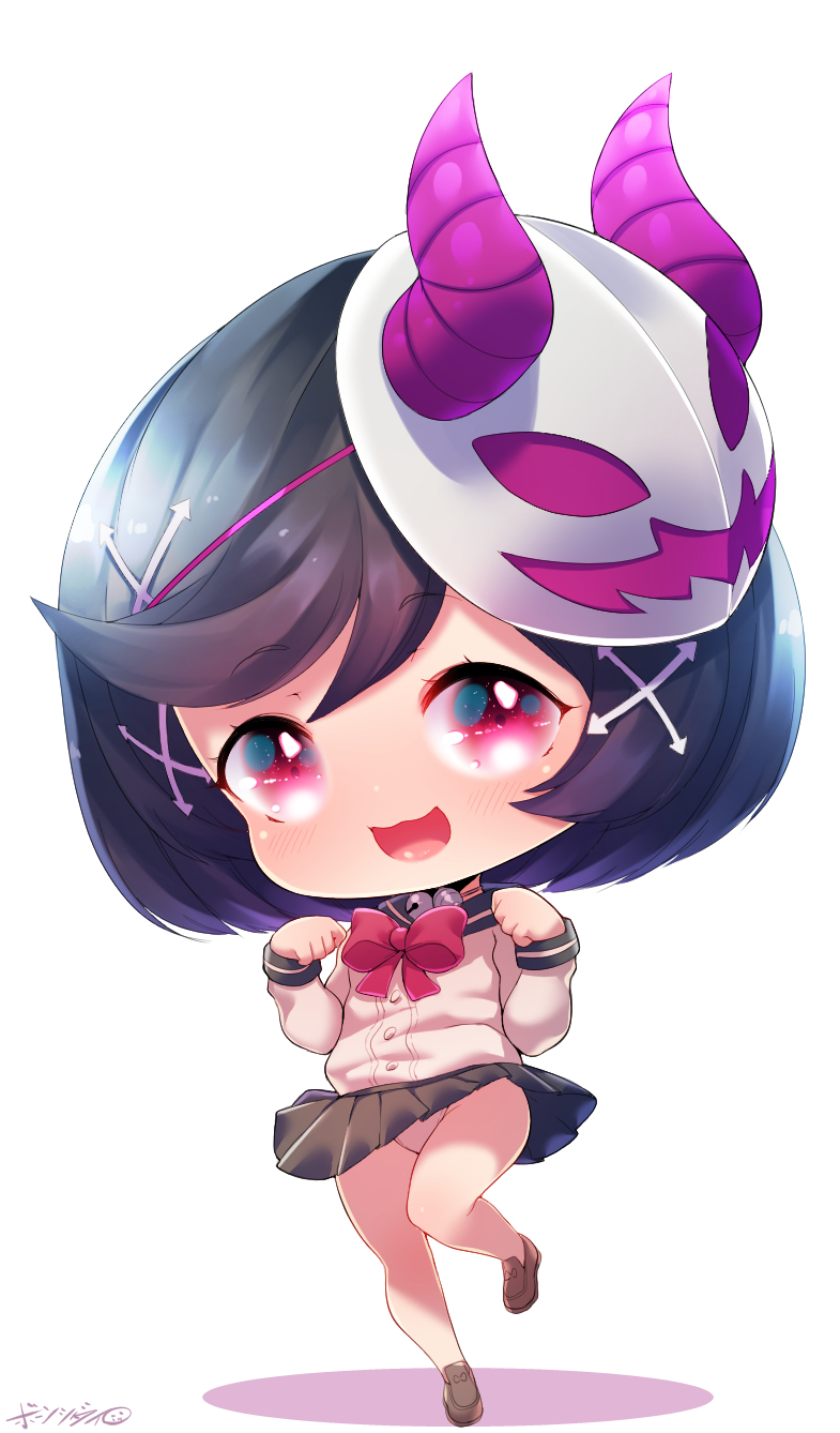 1girl :3 bangs bare_legs bell black_hair blush born-to-die bow chibi female gal_gun gal_gun_double_peace hair_clip hair_ornament horns kamizono_maya leg_up loafers long_sleeves looking_at_viewer mask mask_on_head neck_ribbon no_socks open_mouth panties pantyshot paw_pose pleated_skirt red_bow red_eyes ribbon school_uniform shoes short_hair simple_background skirt smile solo swept_bangs underwear uniform watermark white_background white_panties wind wind_lift x_hair_ornament