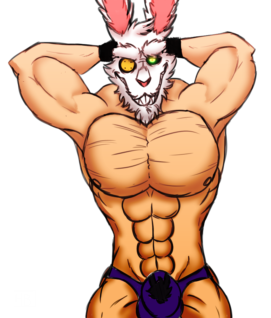 abs biceps clothed clothing fangs fluffy glowing humanoid lagomorph male mammal muscular partially_(disambiguation) pecs rabbit solo speedo swimsuit teeth where_is_your_god_now