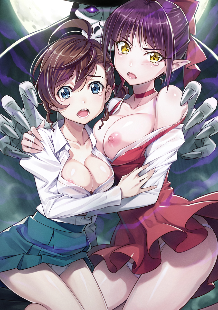 ahoge bangs bare_shoulders blue_eyes blunt_bangs blush bow breasts breasts_outside brown_hair choker cleavage collarbone collared_shirt commentary_request dress fingernails frilled_skirt frills full_moon gegege_no_kitarou hair_bow hair_ornament hairclip hands highres ikeda_yasuhiro inuyama_mana large_breasts looking_at_viewer mask medium_breasts moon multiple_girls nekomusume nekomusume_(gegege_no_kitarou_6) nipple_slip nipples no_bra open_mouth panties pantyshot pointy_ears purple_eyes red_bow school_uniform sharp_fingernails shirt skirt strap_slip tears underwear white_panties yellow_eyes you_gonna_get_raped