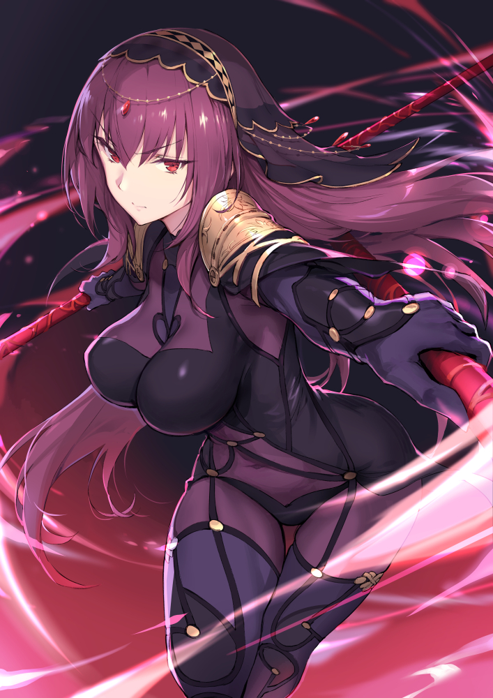 breasts commentary_request covered_navel dark_background dual_wielding eyebrows_visible_through_hair fate/grand_order fate_(series) frown gae_bolg hair_intakes haoni holding holding_weapon large_breasts long_hair looking_at_viewer motion_blur pauldrons polearm purple_bodysuit purple_hair red_eyes scathach_(fate)_(all) scathach_(fate/grand_order) shoulder_armor spear veil weapon