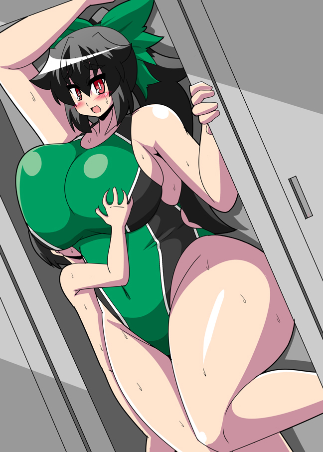 1boy 1girl akasode_(tyaramu) alternate_costume arm_support ass bangs black_hair blush bow box breasts clothed_female_nude_male curvy eyebrows_visible_through_hair eyes_closed faceless faceless_male flat_color full_body green_bow grey_background hair_between_eyes hair_bow hair_over_eyes hetero highres huge_breasts leaning_forward long_hair motion_lines nude open_mouth ponytail reiuji_utsuho short_hair size_difference sound_effects standing standing_on_object sweat swimsuit thick_eyebrows thick_thighs thighs tiptoes touhou