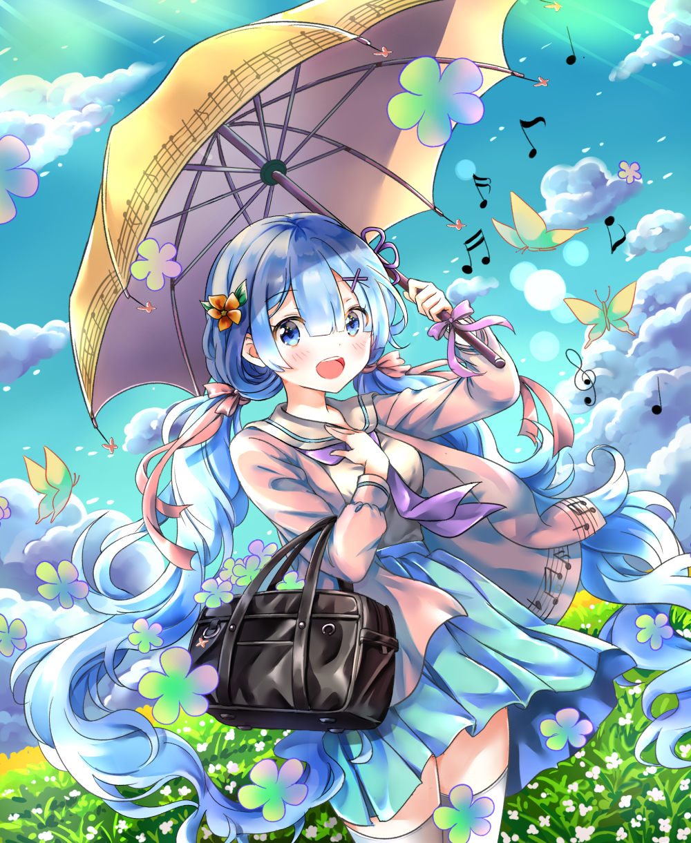 :d alternate_hairstyle arm_up bag beamed_sixteenth_notes blue_eyes blue_hair blue_skirt blue_sky blush breasts brown_jacket cloud cloudy_sky commentary_request day dutch_angle eighth_note flower hair_flower hair_ornament hand_up highres holding holding_umbrella jacket long_hair long_sleeves looking_at_viewer low_twintails melings_(aot2846) musical_note musical_note_print neckerchief open_clothes open_jacket open_mouth orange_flower outdoors pleated_skirt purple_neckwear re:zero_kara_hajimeru_isekai_seikatsu rem_(re:zero) round_teeth sailor_collar school_bag school_uniform sheet_music shirt sixteenth_note skirt sky small_breasts smile solo teeth thighhighs treble_clef twintails umbrella upper_teeth very_long_hair white_flower white_legwear white_sailor_collar white_shirt yellow_umbrella