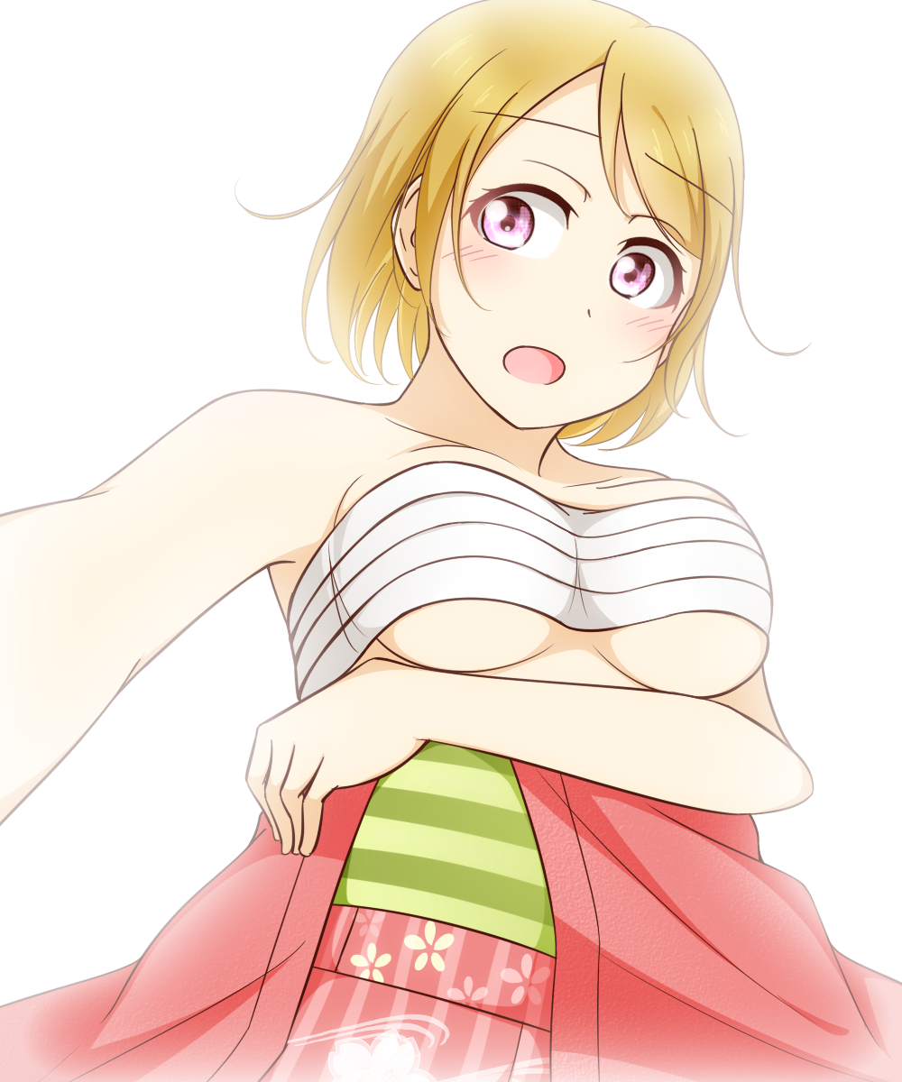 10s 1girl bandage bandages_around_chest blush breasts brown_hair eyebrows_visible_through_hair feitonokesin japanese_clothes kimono koizumi_hanayo large_breasts looking_at_viewer love_live! love_live!_school_idol_project open_mouth purple_eyes short_hair simple_background solo standing underboob upper_body white_background