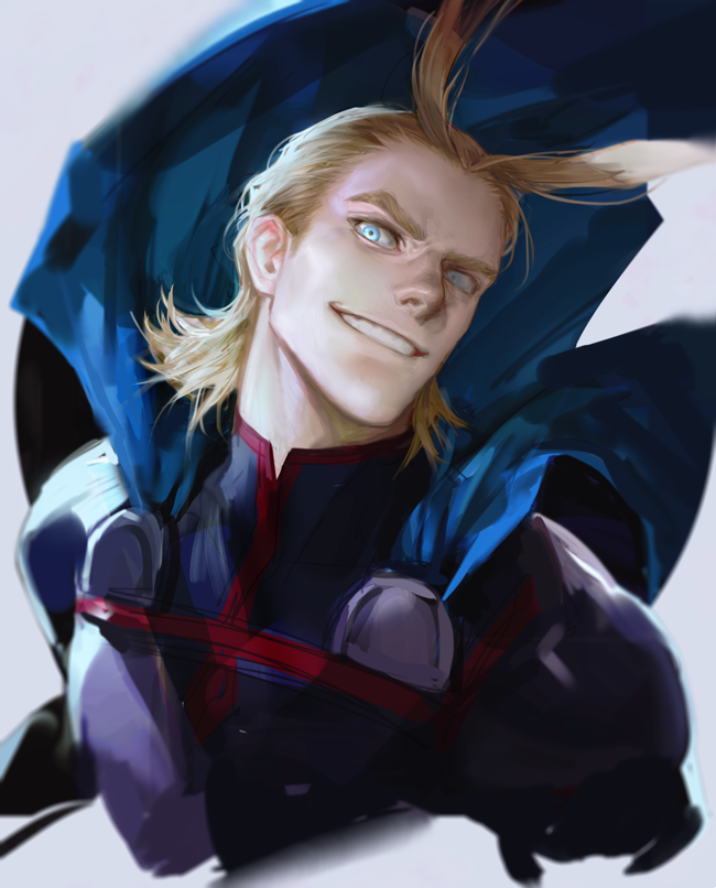 all_might alle_page antenna_hair blonde_hair blue_cape blue_eyes boku_no_hero_academia cape cropped_torso grey_background grin male_focus simple_background smile solo superhero upper_body younger