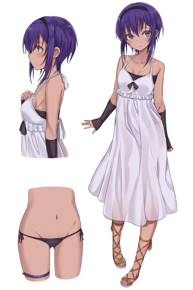 alternate_costume ass_visible_through_thighs bare_shoulders black_hairband black_panties blush dark_skin dress fate/prototype fate/prototype:_fragments_of_blue_and_silver fate_(series) full_body hair_between_eyes hairband hassan_of_serenity_(fate) highres monobe_tsukuri multiple_views navel panties purple_eyes purple_hair see-through short_hair thigh_strap underwear white_background white_dress
