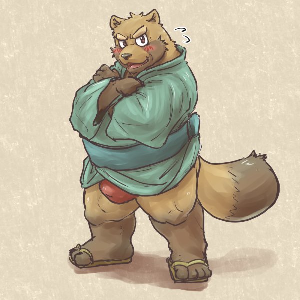 2017 anthro blush brown_fur bulge canine clothed clothing fur male mammal ojijinotete overweight overweight_male simple_background solo tanuki underwear