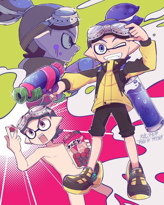 artist_name black_shorts blue_eyes blue_hair commentary_request convenient_censoring domino_mask goggle-kun_(splatoon) goggles goggles_on_head grin hair_tie holding holding_weapon ink_tank_(splatoon) inumaru_akagi jacket long_sleeves looking_at_viewer male_focus mask nude paint_on_face paint_splatter pixiv_id pointy_ears profile sharp_teeth shoes short_hair shorts smile solo sparkle splatoon_(manga) splatoon_(series) splattershot_(splatoon) standing teeth tentacle_hair topknot weapon yellow_footwear yellow_jacket