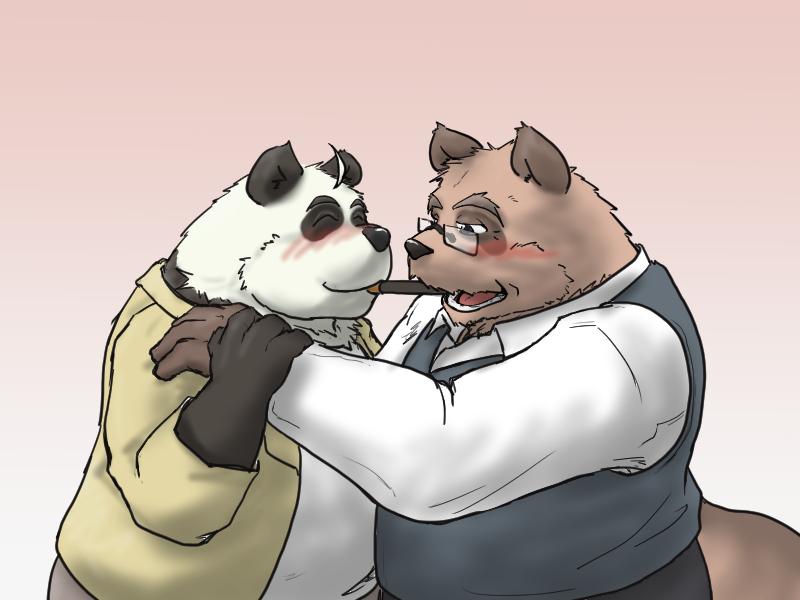 2014 anthro bear blush brown_fur canine clothed clothing duo eyewear fur glasses hug male male/male mammal ojijinotete overweight overweight_male panda pocky shirt simple_background tanuki