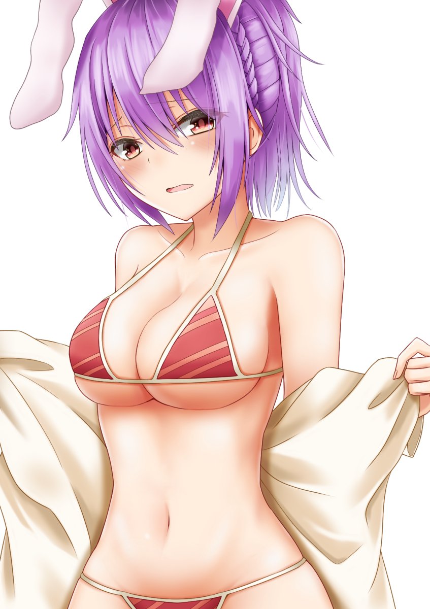 alternate_hairstyle animal_ears bangs bare_shoulders bikini blush braid breasts bunny_ears collarbone commentary_request diagonal-striped_bikini extra_ears eyebrows_visible_through_hair hair_between_eyes halterneck highres large_breasts looking_at_viewer navel open_mouth ponytail purple_hair red_bikini red_eyes reisen_udongein_inaba santarou short_hair sidelocks simple_background solo stomach striped striped_bikini swimsuit touhou undressing upper_body white_background