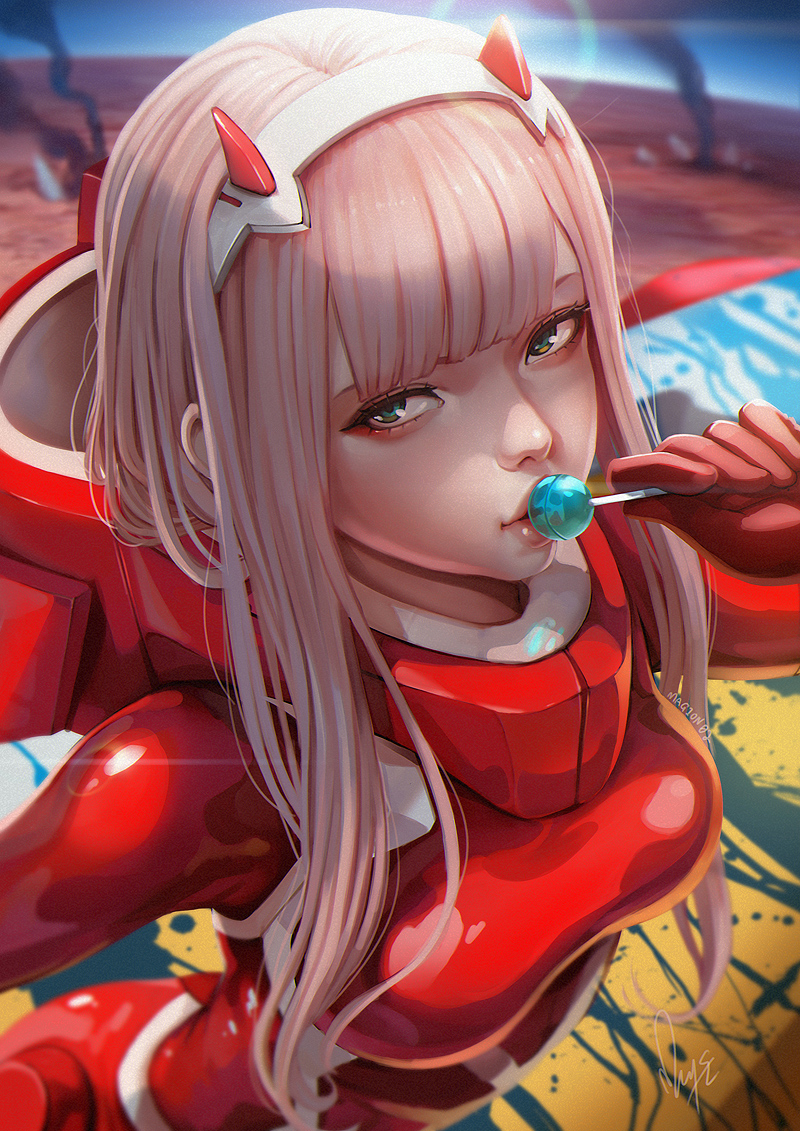 aqua_eyes bangs blue_sky bodysuit breasts candy commentary crater darling_in_the_franxx english_commentary eyeshadow food food_in_mouth from_above green_eyes hair_between_eyes hairband holding_lollipop horns lens_flare lollipop long_hair looking_at_viewer magion02 makeup medium_breasts oni_horns pilot_suit pink_hair red_bodysuit red_horns shiny skin_tight sky smoke straight_hair white_hairband zero_two_(darling_in_the_franxx)