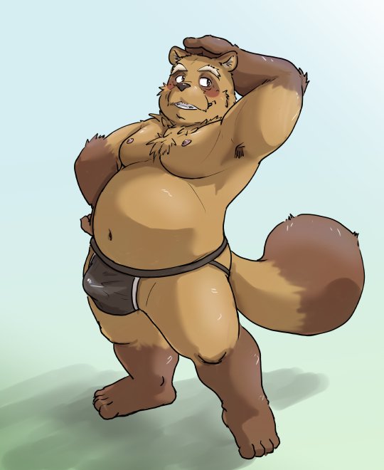 2017 anthro belly blush brown_fur bulge canine clothing fur male mammal moobs navel nipples ojijinotete overweight overweight_male solo tanuki underwear