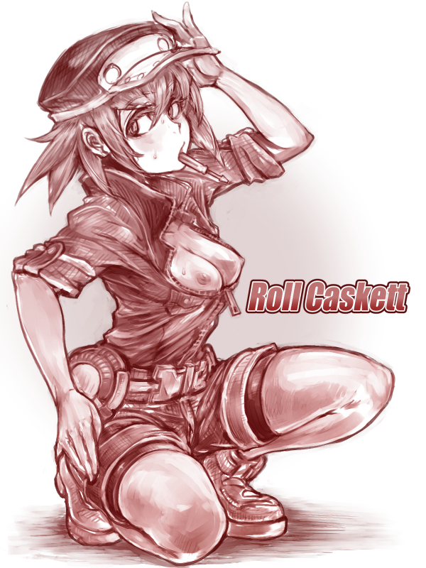 belt bike_shorts bike_shorts_under_shorts breasts cabbie_hat character_name commentary_request full_body hair_between_eyes hand_on_headwear hand_on_hip hat head_tilt ikayaki_(artist) long_hair looking_to_the_side mechanic medium_breasts monochrome nipples partially_unzipped rockman rockman_dash rockman_dash_3 roll_caskett screwdriver shoes shorts sidelocks simple_background tools zipper zipper_pull_tab