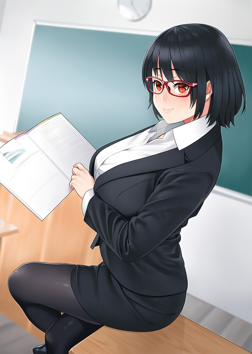 alternate_costume black_hair black_legwear black_skirt blush breasts classroom closed_mouth commentary_request glasses highres jacket kantai_collection large_breasts long_sleeves looking_at_viewer miniskirt pantyhose pencil_skirt red-framed_eyewear red_eyes school shirt short_hair sitting skirt solo takao_(kantai_collection) teacher white_shirt zonda_(solid_air)
