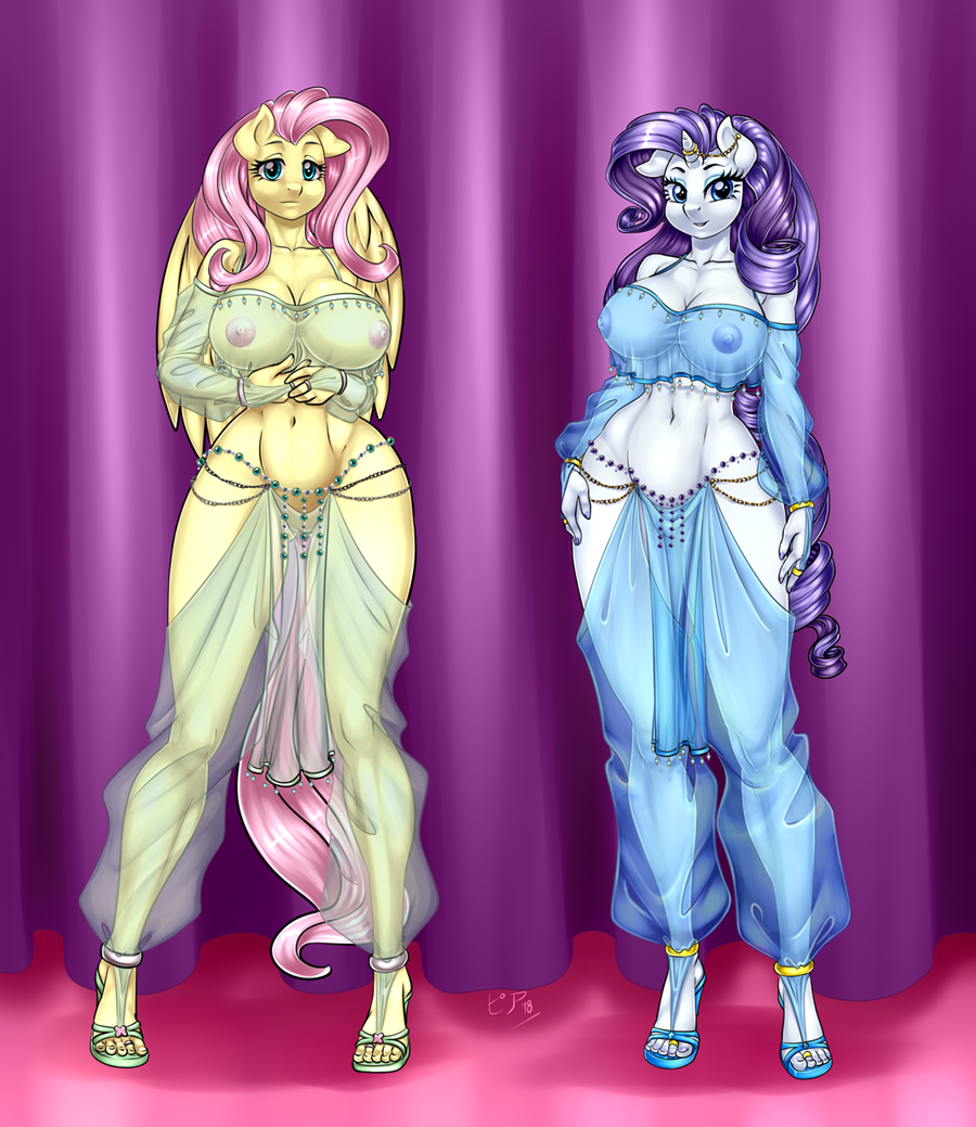 2018 anthro areola barely_visible_genitalia breasts clothed clothing duo equine eyelashes feathered_wings feathers feet female fluttershy_(mlp) friendship_is_magic hair horn humanoid_feet long_hair looking_at_viewer mammal my_little_pony navel nipples pegasus pia-sama pussy rarity_(mlp) subtle_pussy translucent transparent_clothing unicorn wings