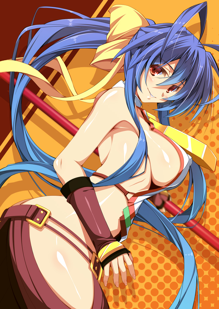 antenna_hair backless_outfit bangs blazblue blazblue:_central_fiction blue_hair blush bow breasts butt_crack covered_nipples eyebrows_visible_through_hair genderswap genderswap_(mtf) hair_between_eyes hair_bow halterneck holding holding_spear holding_weapon large_breasts long_hair mai_natsume no_bra polearm ponytail red_eyes shiny shiny_skin sideboob smile solo spear very_long_hair weapon yellow_bow yuuki_makoto_(radiant)