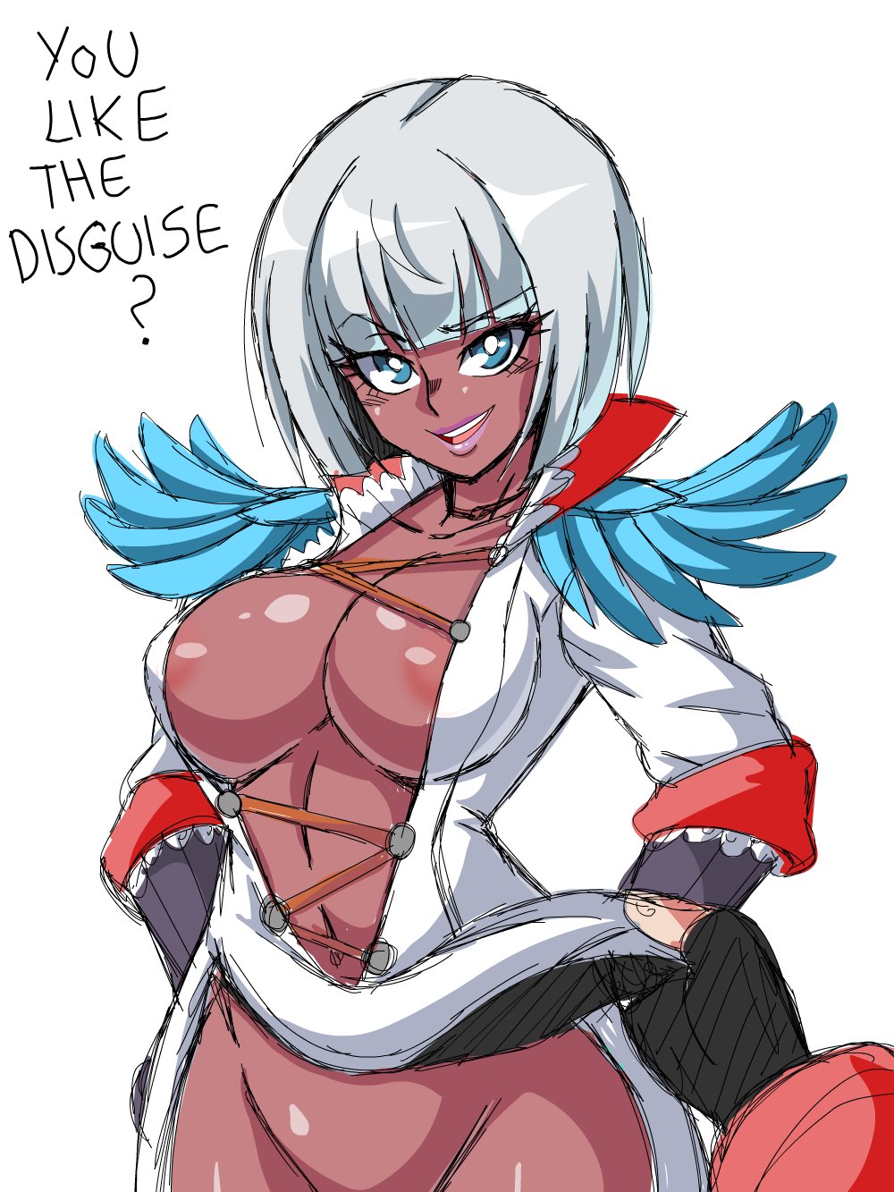 1girl areola_slip areolae blue_eyes bocodamondo breasts cleavage dante_(devil_may_cry) dark_skin devil_may_cry devil_may_cry_4 feather_trim gloria_(devil_may_cry) highres large_breasts navel out-of-frame_censoring short_hair smile solo white_hair