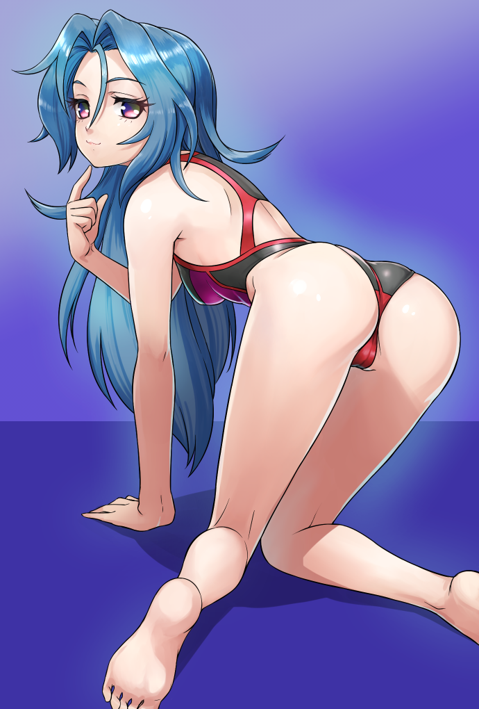 all_fours ass bare_shoulders barefoot blue_hair commentary english_commentary finger_to_chin from_behind long_hair looking_at_viewer looking_back maritan_(pixelmaritan) multicolored multicolored_eyes one-piece_swimsuit simple_background smile soles solo star_breaker suguri swimsuit