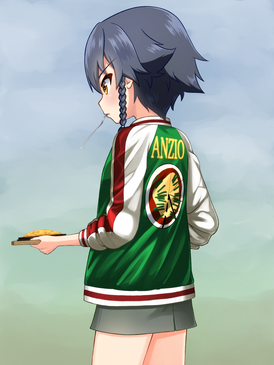 anzio_(emblem) bangs black_hair braid brown_eyes closed_mouth commentary_request cowboy_shot emblem english eyebrows_visible_through_hair food fork fork_in_mouth from_behind frown girls_und_panzer green_jacket grey_skirt hair_tie highres holding holding_food jacket letterman_jacket long_sleeves looking_to_the_side miniskirt mouth_hold partial_commentary pencil_skirt pepperoni_(girls_und_panzer) plate ruka_(piyopiyopu) short_hair side_braid skirt solo standing